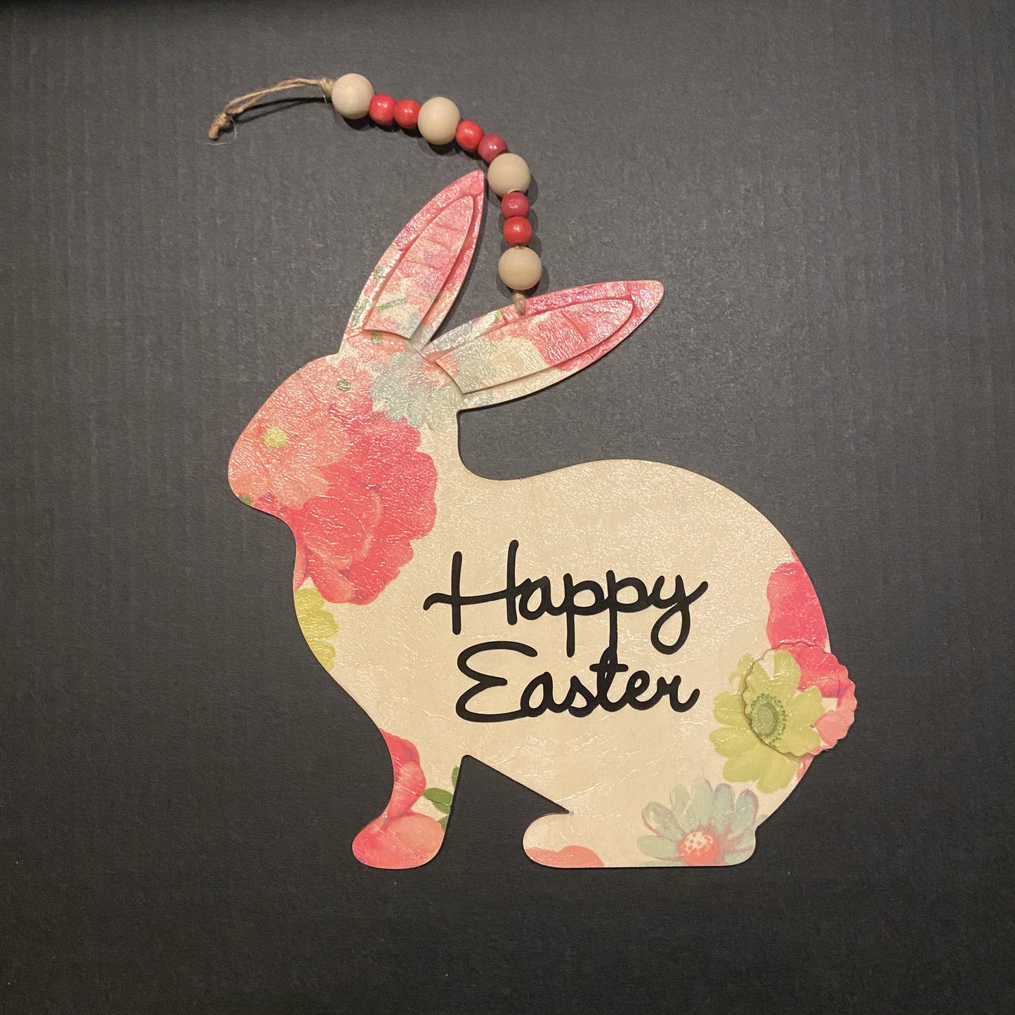 Hanging Sign Decoupage Pink Floral Happy Easter Rabbit
