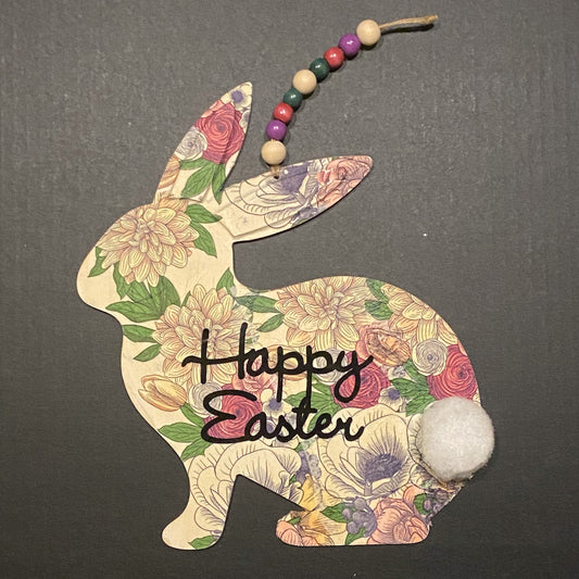 Hanging Sign Decoupage Purple Floral Happy Easter Rabbit